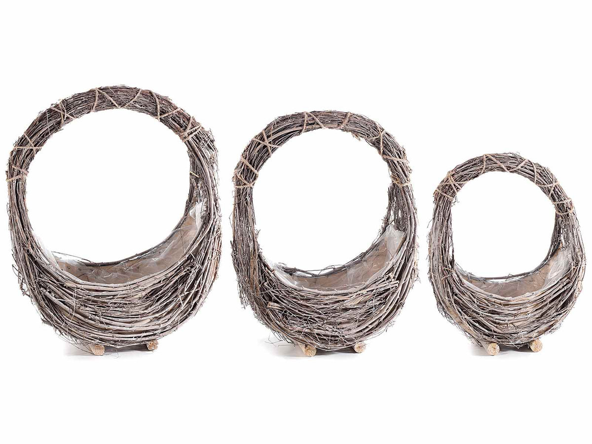 Cestini in legno con manico e rivestimento interno, Grande: cm 31 x 15 x 13 H
