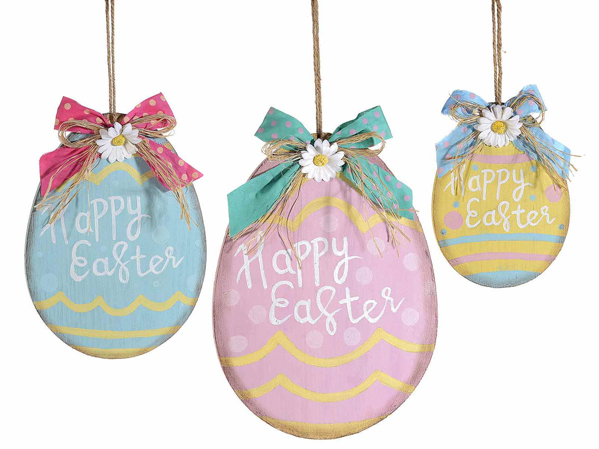 Uova di Pasqua da appendere in legno decorato con fiocchi e fiori da appendere, Grande: cm 20 x 26,5 H
