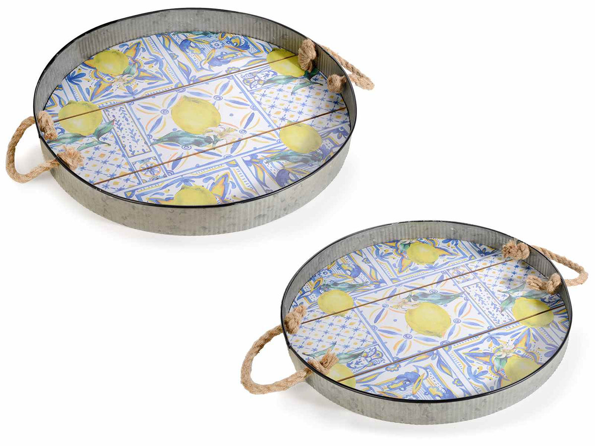 Vassoi tondi fantasia limoni in legno e metallo con manici in corda, Grande: Ø 43,5 cm x 5 H