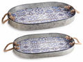 Vassoi ovali legno / metallo manici in corda Maiolica, Grande: cm 49 x 33 x 5 H