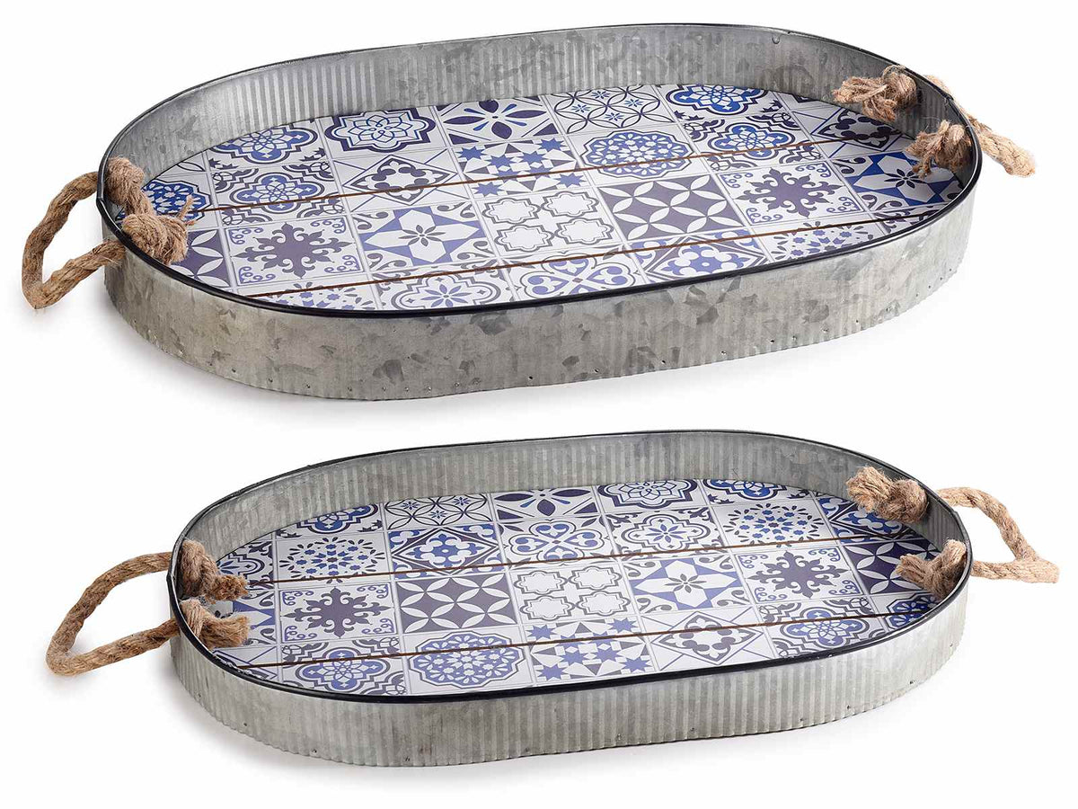 Vassoi ovali legno / metallo manici in corda Maiolica, Grande: cm 49 x 33 x 5 H