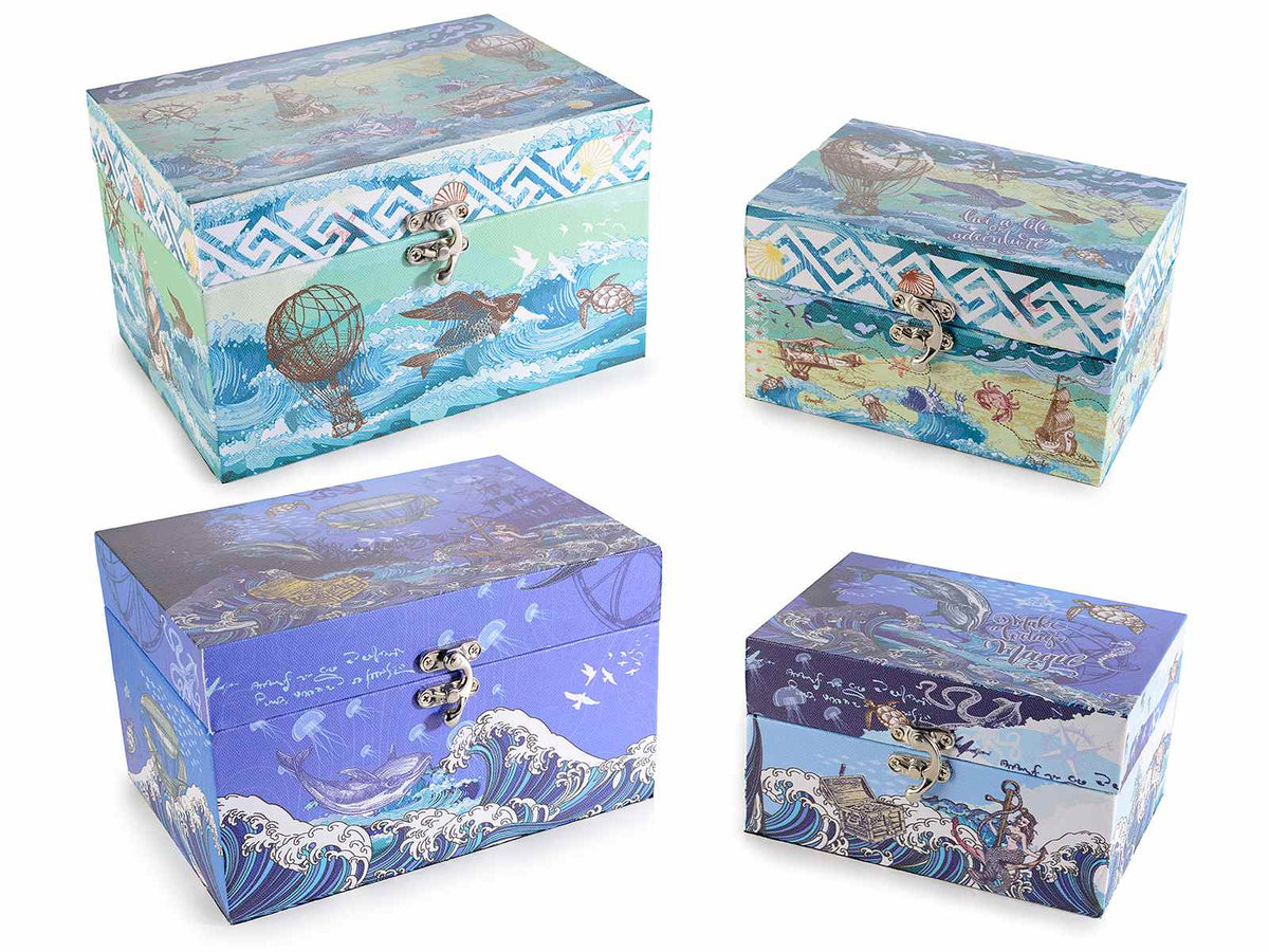 Scatole in legno con chiusura a gancio con stampa tema mare in set da due pezzi, set da 2 pezzi, Grande: cm 20 x 14 x 12 H