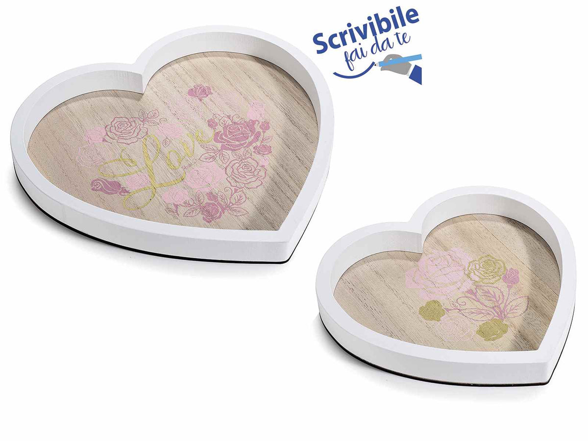 Vassoi a forma cuore in set da due pezzi in legno con decori floreali e bordi, set da 2 pezzi, Grande: cm 24 x 23 x 2 H