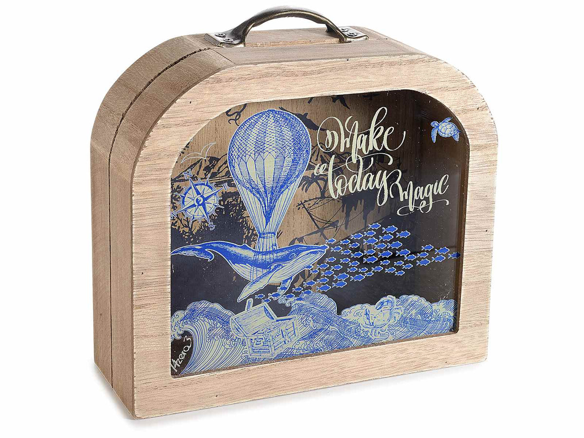 Salvadanaio a valigetta in legno con vetrinetta decorata con fantasia viaggi, set da 2 pezzi, cm 18 x 7 x 17,5 H