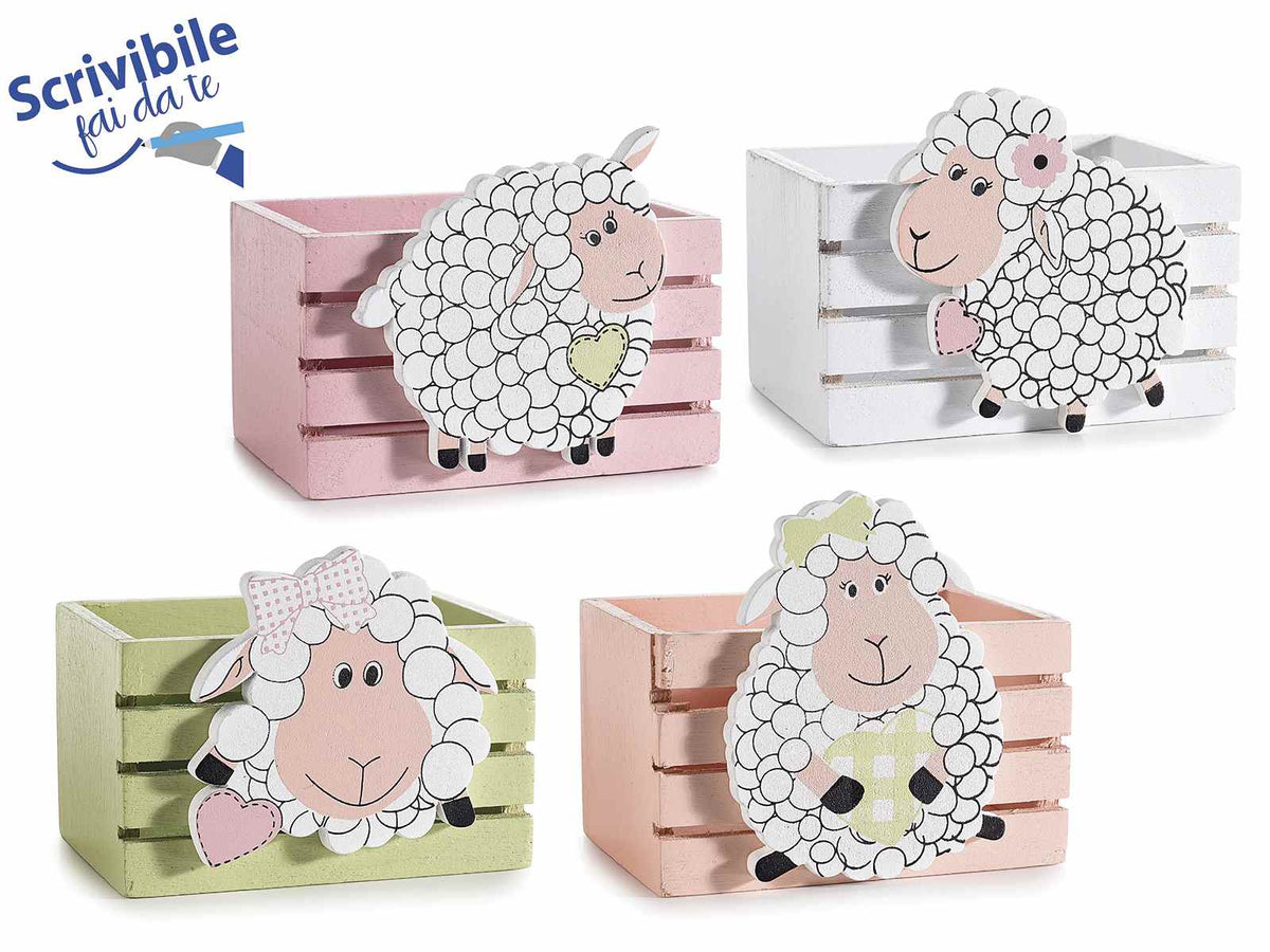 Cestini a staccionata in legno colorato con decoro a forma di pecorella, set da 8 pezzi, cm 8,5 x 6,5 x 7,5 H
