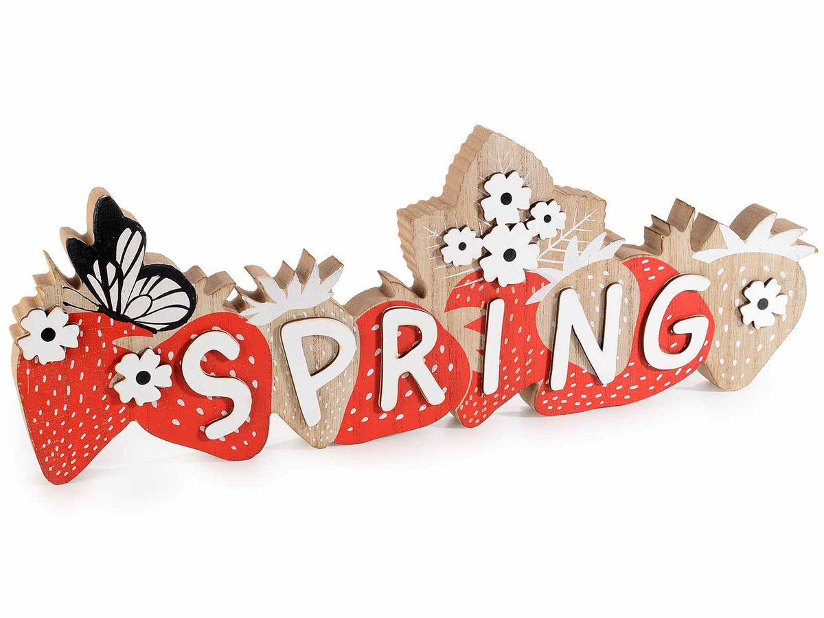 Scritta decorativa Primavera Spring in legno colorato con fragole e fiori, set da 3 pezzi, cm 40 x 2 x 14,5 H