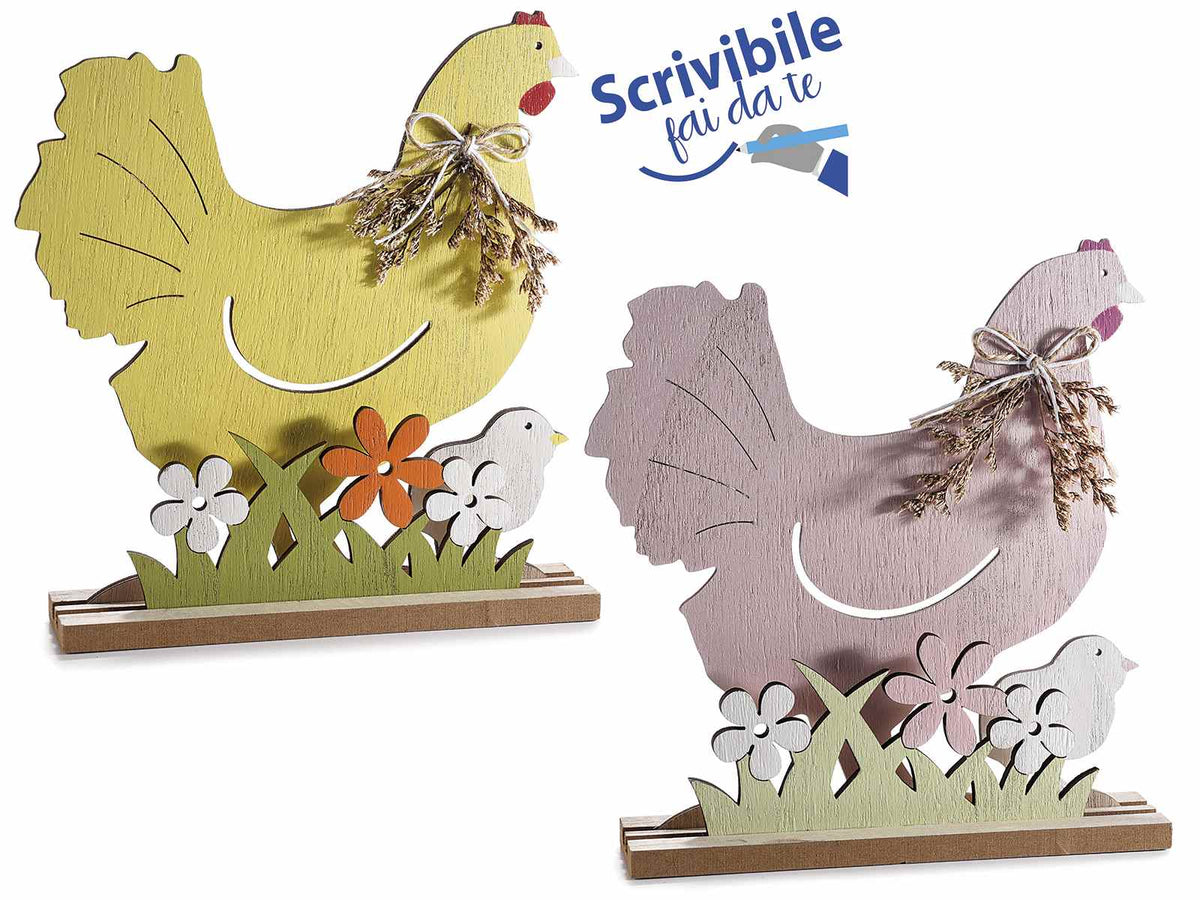Gallinelle pasquali in legno su prato di fiori con uccellino e fiocco, set da 4 pezzi, cm 19 x 4 x 20 H