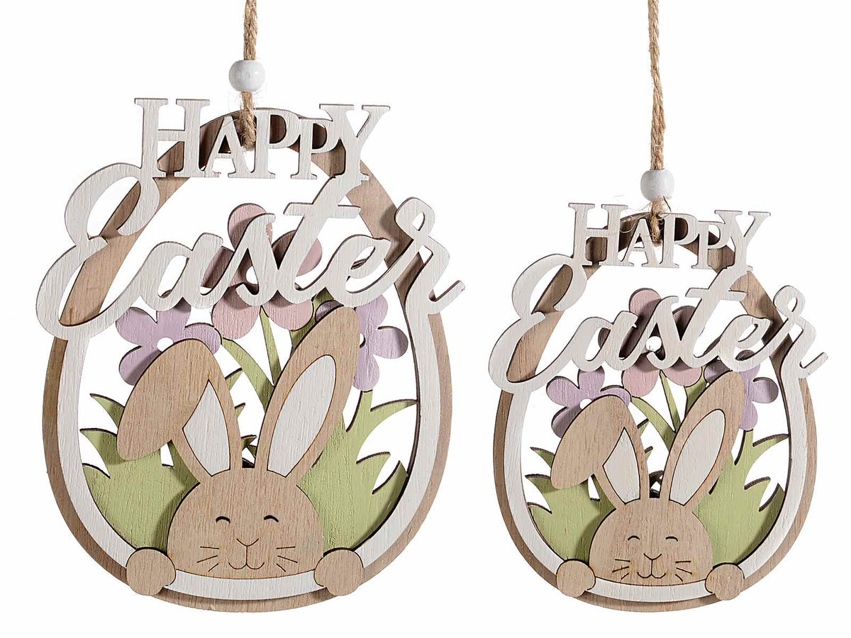 Uova da appendere in legno con coniglio e scritta Happy Easter in set da due, set da 4 pezzi, Grande: cm 12,5 x 15 H