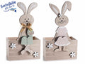 Contenitori pasquali in legno naturale con coniglietto, fiocchetto e fiorellini, set da 6 pezzi, cm 11,5 x 7 x 20,5 H