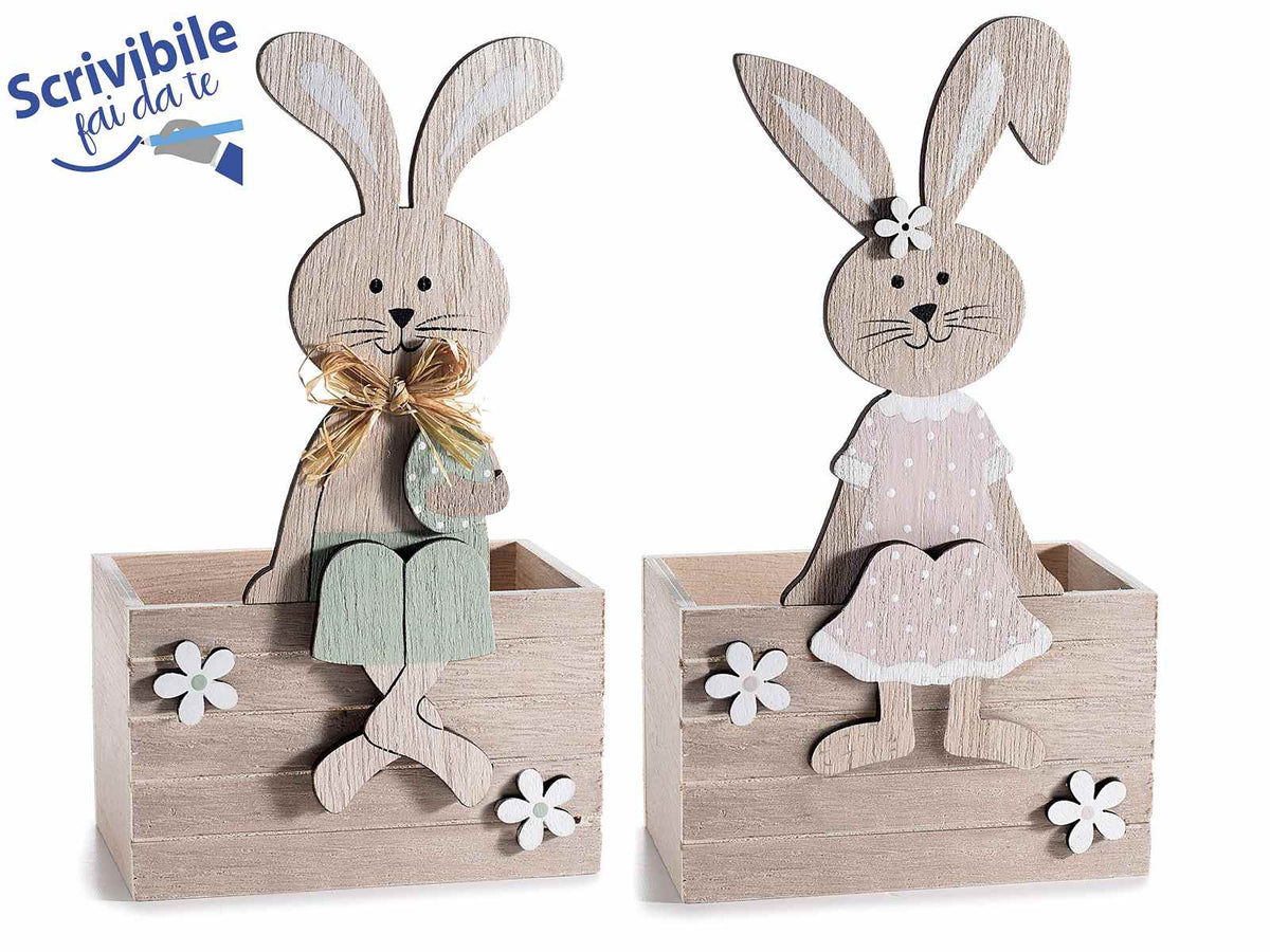 Contenitori pasquali in legno naturale con coniglietto, fiocchetto e fiorellini, set da 6 pezzi, cm 11,5 x 7 x 20,5 H