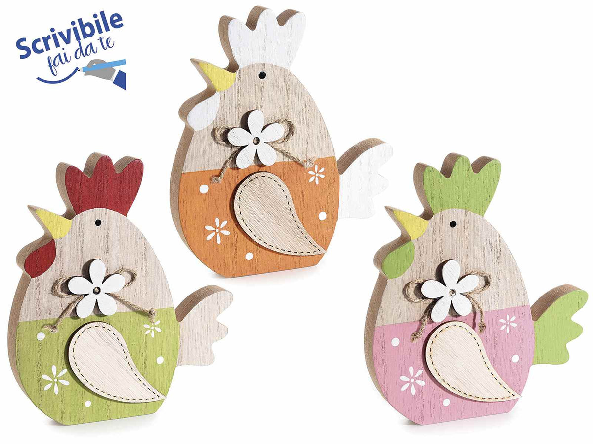 Galline decorative in legno colorato da appoggiare con fiore e fiocchetto, set da 6 pezzi, cm 15 x 2 x 17 H