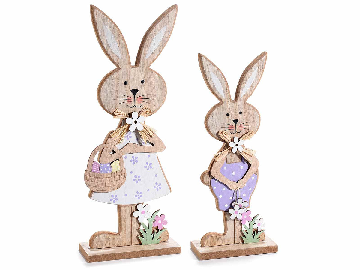 Conigli in legno pasquali con decorazioni floreali da appoggiare in set da due, set da 2 pezzi, Grande: cm 12 x 5 x 31 H