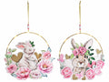 Decorazioni in metallo da appendere con coniglietti pasquali e fiori in legno, set da 2 pezzi, Ø 24 cm