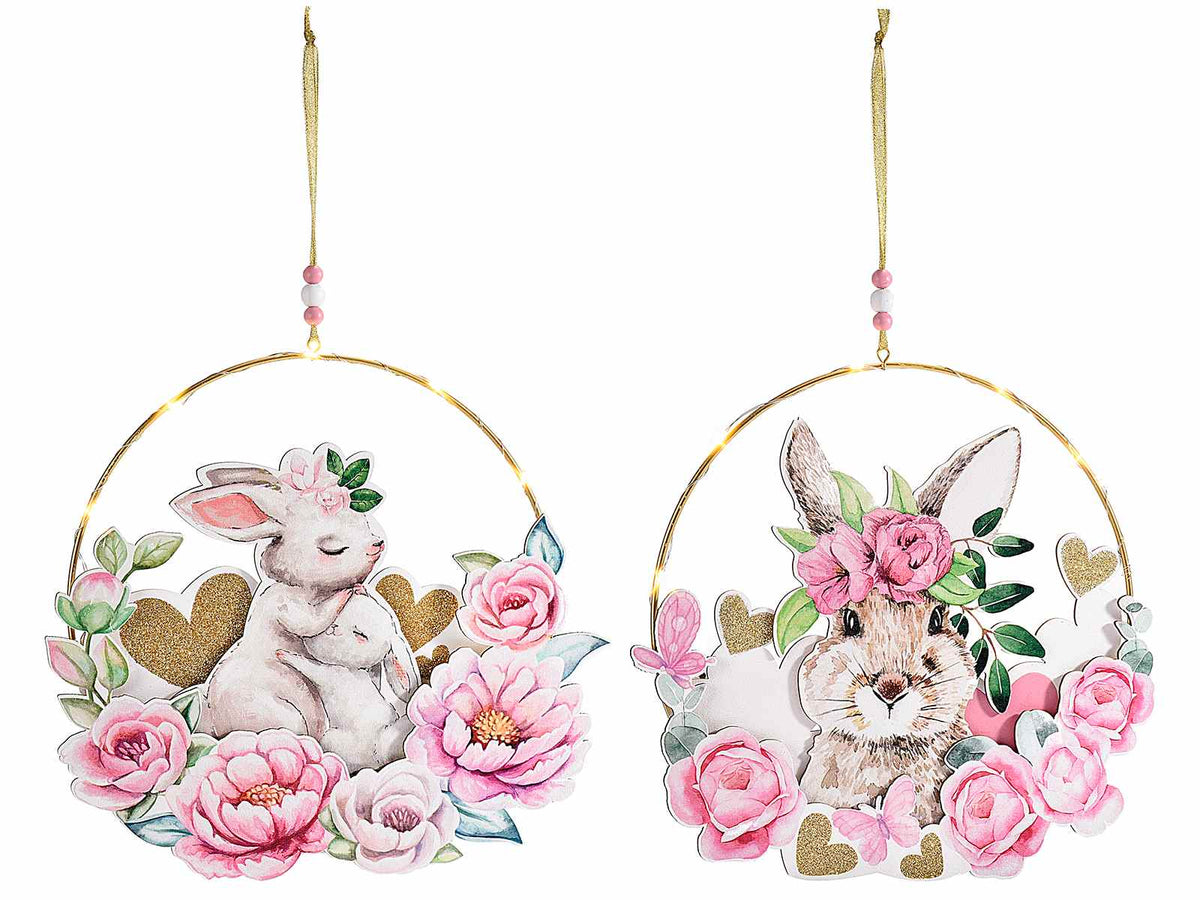 Decorazioni in metallo da appendere con coniglietti pasquali e fiori in legno, set da 2 pezzi, Ø 24 cm