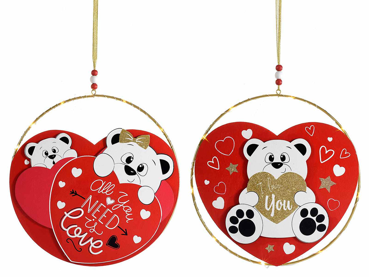Decorazione orsetto di San Valentino in metallo da appendere in legno con luci, set da 2 pezzi, Ø 24 cm