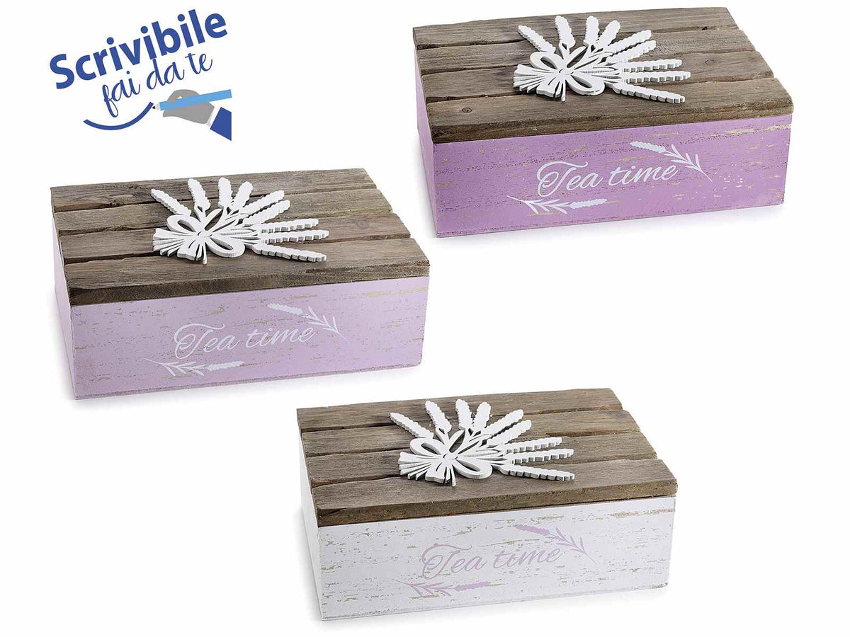 Scatole da tè in legno con 6 scomparti con decorazioni lavanda in rilievo, set da 3 pezzi, cm 21 x 14,5 x 7,5 H