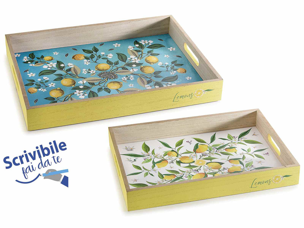 Vassoi in legno colorato con decori limoni in set da due pezzi, Grande: cm 40 x 30 x 5 H