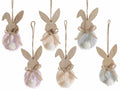 Coniglietti pasquali in legno e morbida eco pelliccia con fiocchetto decorativo, set da 12 pezzi, cm 6 x 12 H