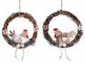 Ghirlande pasquali in legno con gallina con piume e decori floreali in legno, set da 6 pezzi, Ø 16 cm