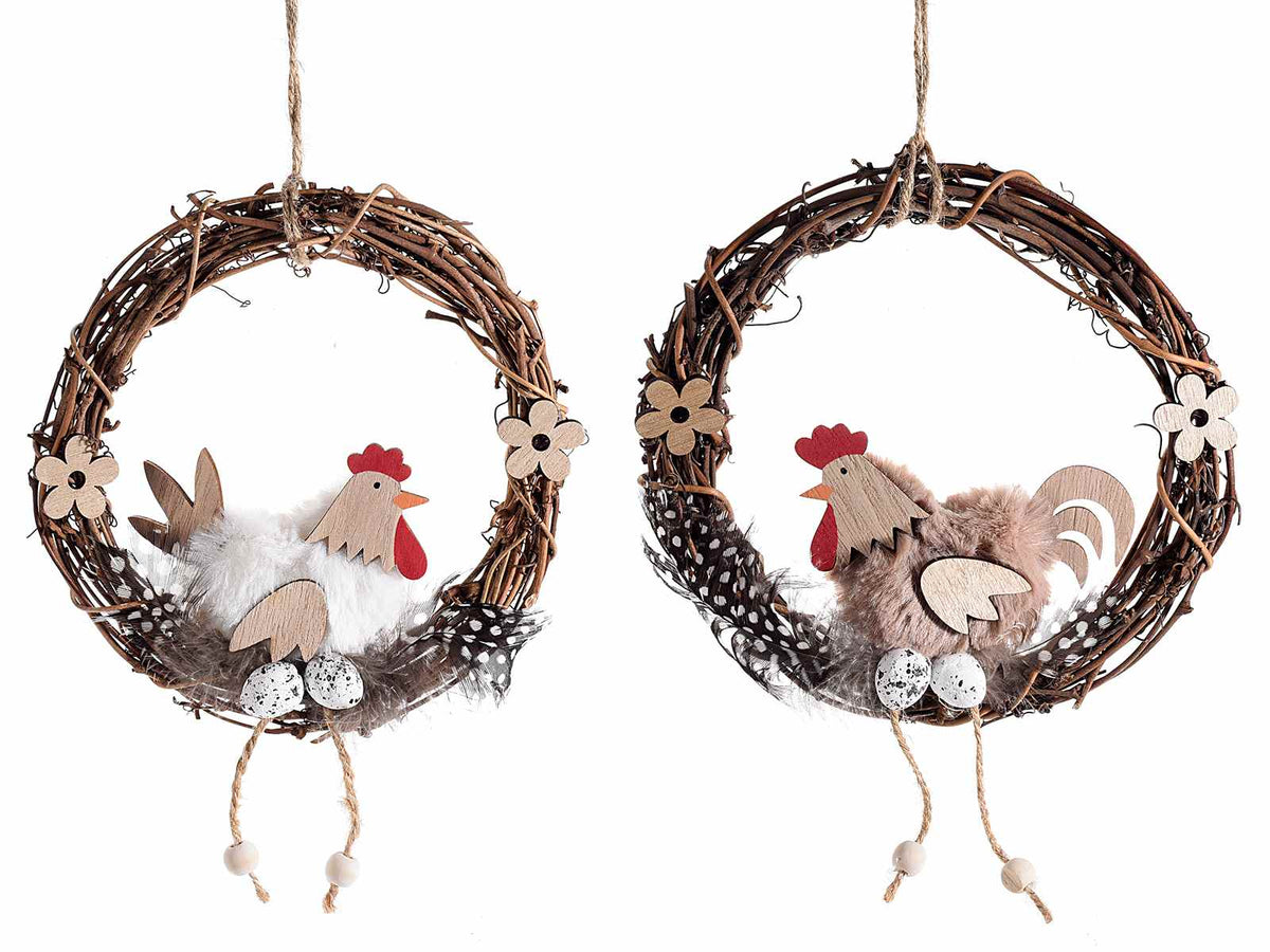 Ghirlande pasquali in legno con gallina con piume e decori floreali in legno, set da 6 pezzi, Ø 16 cm