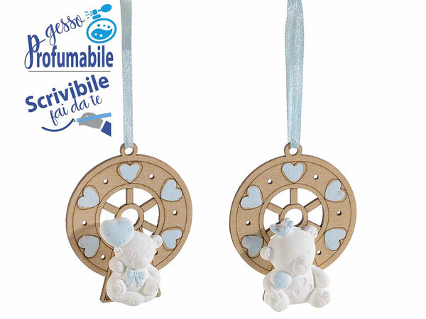 Bomboniera nascita bimbo con decorazioni azzurre in legno e con orsetto, set da 48 pezzi, cm 4,5 x 6 H