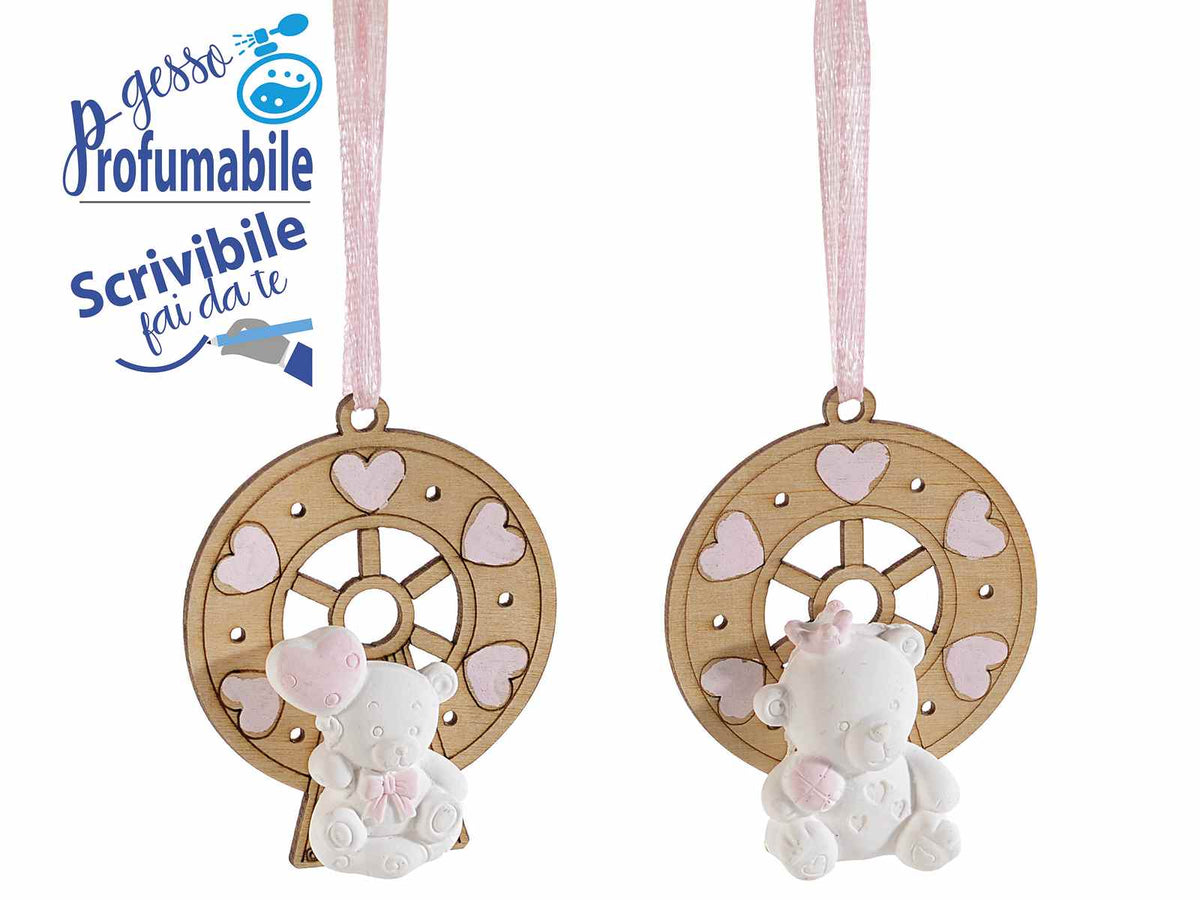 Bomboniera nascita bimba con decorazioni rosa in legno e con orsetto in gesso, set da 48 pezzi, cm 4,5 x 6 H