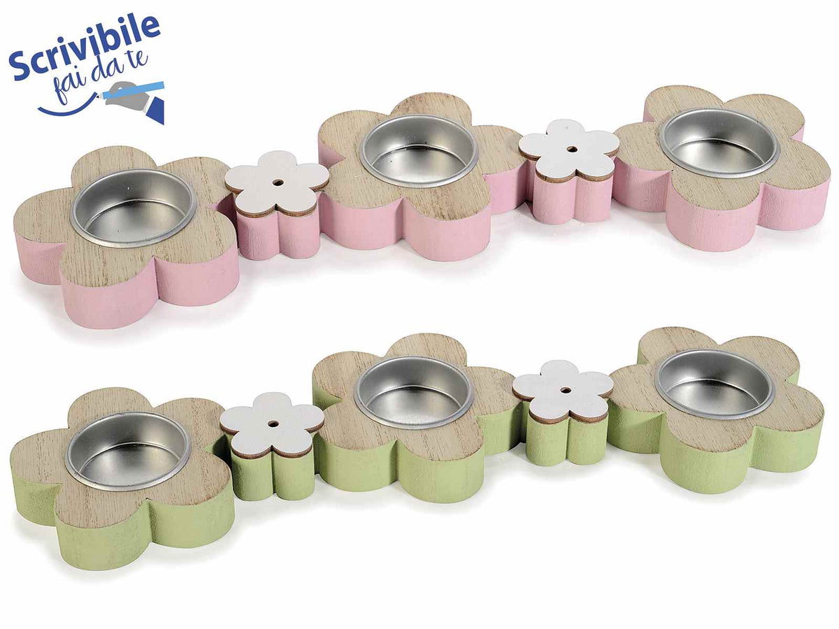Centrotavola a fiore primaverile porta tealight in legno a fiore 3 scomparti, set da 4 pezzi, cm 31 x 8,5 x 2 H