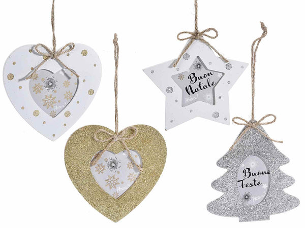 Set di 16 decorazioni natalizie in legno a curoe / albero di Natale / stella da appendere con fiocco in corda e decori glitter, cm 12 x 11,5 H