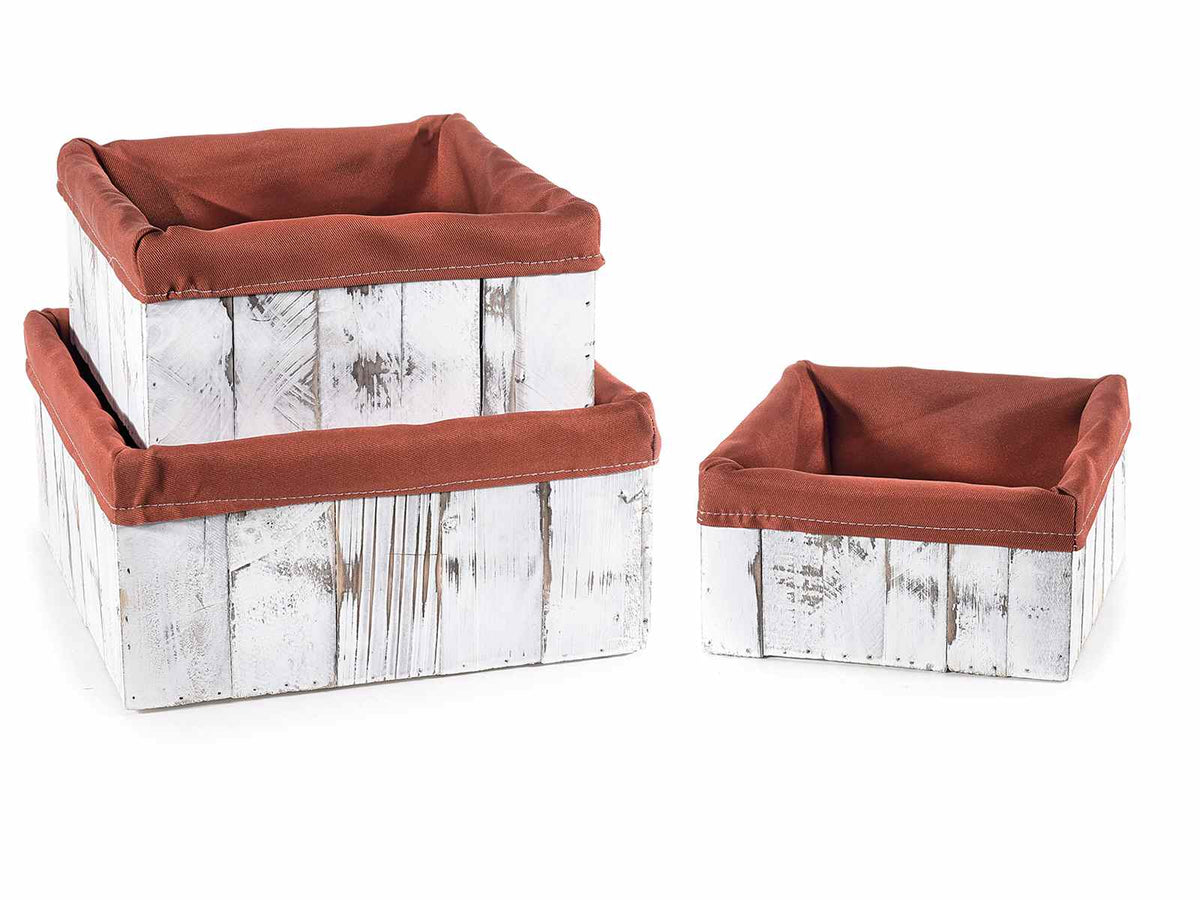 Cassette / cestini quadrati in legno bianco con interno stoffa rossa, set da 2 pezzi, Grande: cm 25,5x25,5x12 H