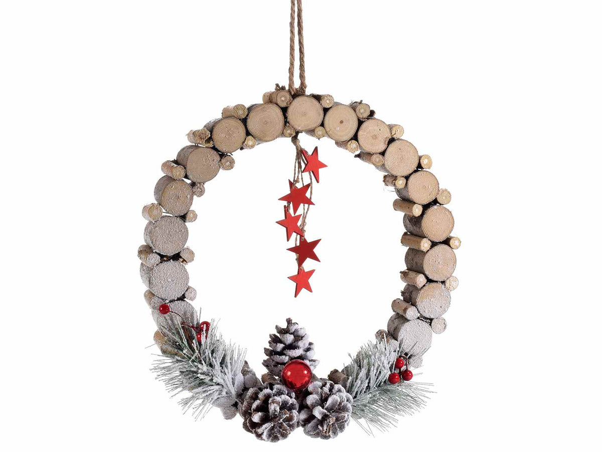 Ghirlande natalizie di tronchetti in legno con decori stelline, aghi di pino, set da 2 pezzi, Ø 30 cm