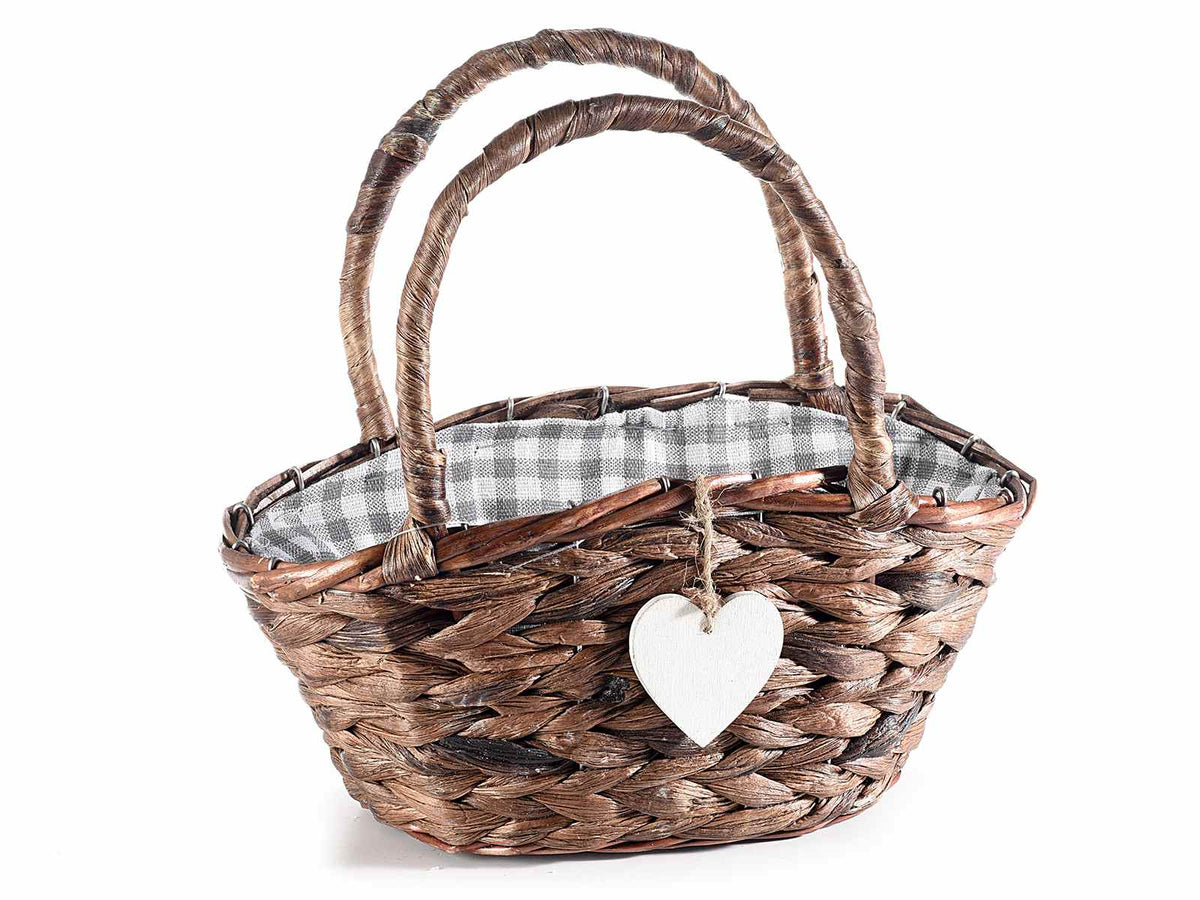Cestini in legno con manici, cuore pendente in legno e rivestimento interno, set da 4 pezzi, cm 27x13x12 H (con manici25)