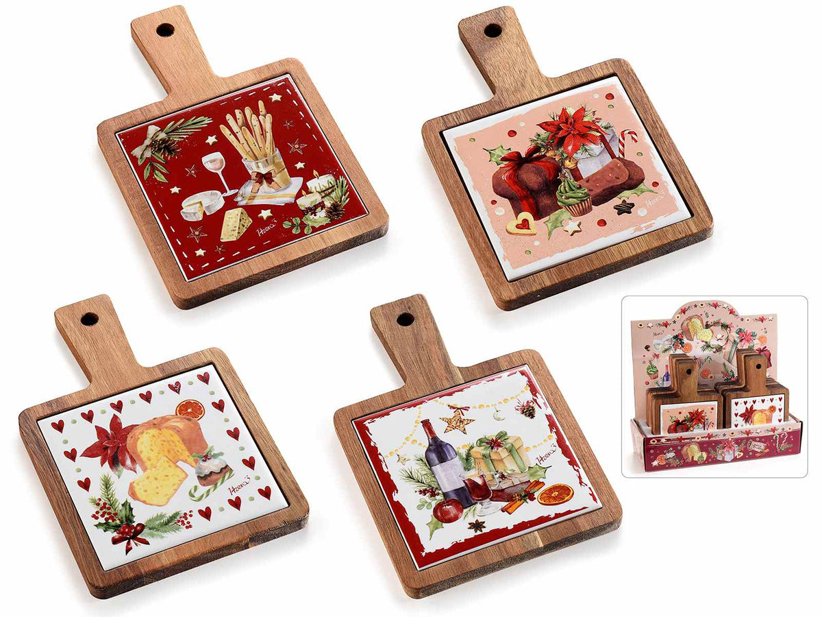 Taglieri a tema natalizio in legno di acacia e ceramica decorata a tema, set da 12 pezzi, cm 12 x 18 H