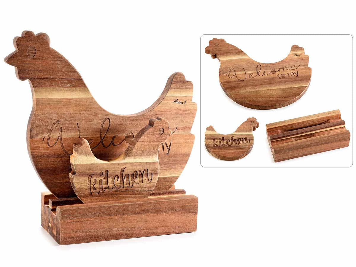 Taglieri / set aperitivo a forma di gallina in legno di acacia con scritta, set da 2 pezzi, cm 25 x 8 x 24 H