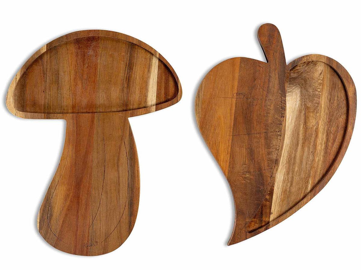 Taglieri / Vassoi autunnali a forma di funghetto e foglia in legno di acacia, set da 2 pezzi, Fungo: cm 27 x 35 H