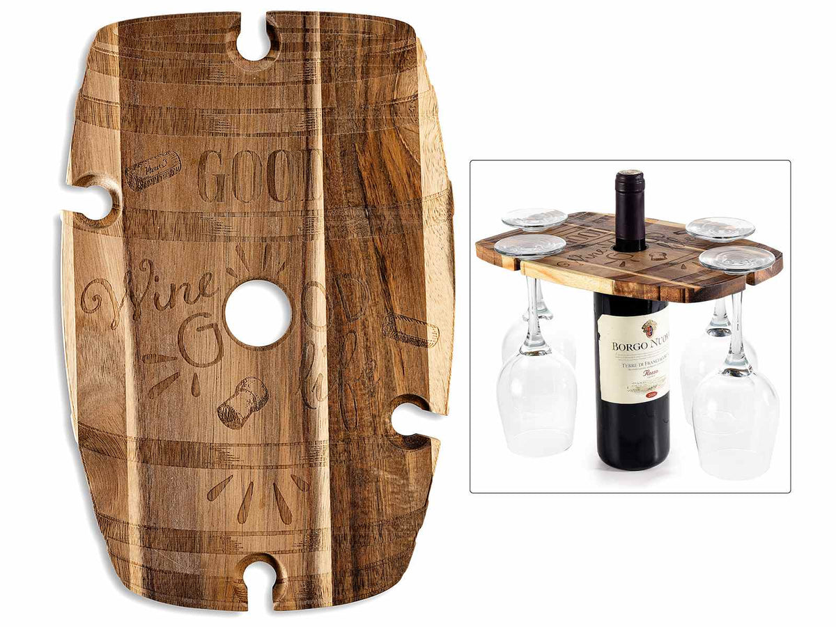 Taglieri di legno acacia a forma botte con quattro vani porta bicchieri, set da 2 pezzi, cm 19,5 x 30 H