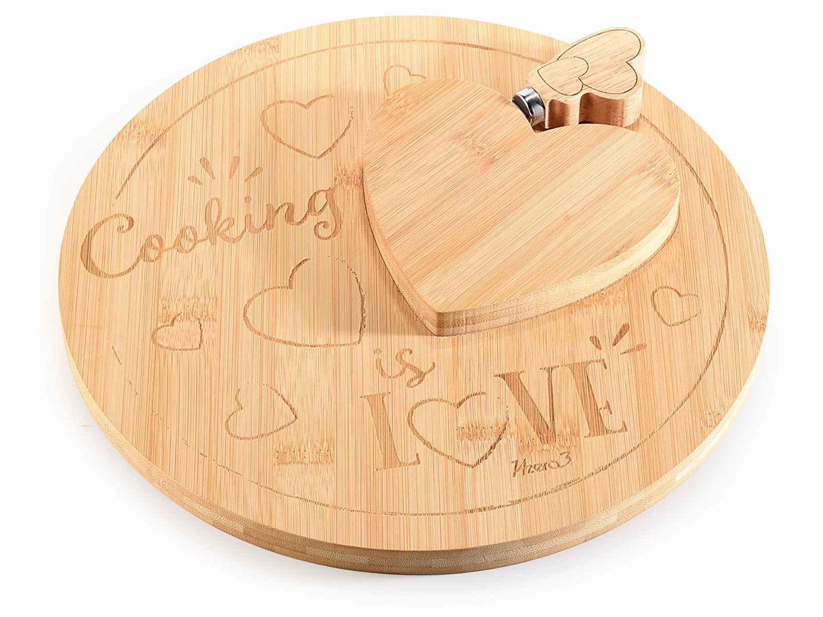 Tagliere rotondo e a cuore in legno di bamboo con coltello per formaggi, set da 2 pezzi, Tagliere: Ø 28 cm