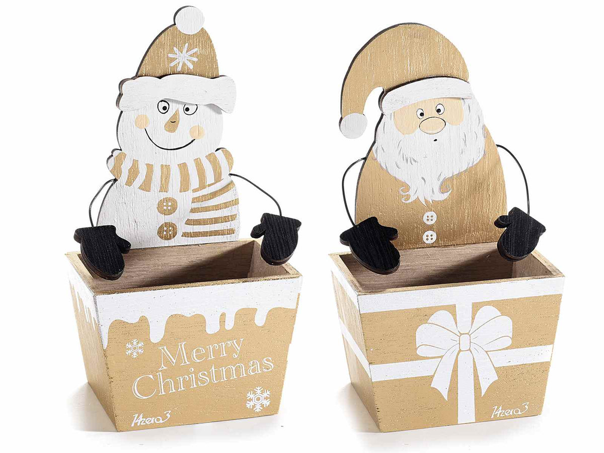 Contenitori a cestini di Natale in legno con pupazzo e Babbo Natale con braccia, set da 8 pezzi, cm 10 x 6,5 x 18,5 H