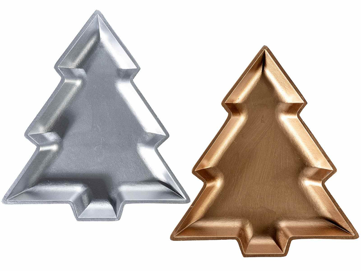 Vassoi ad albero natalizio decorativo in legno colorato argento e bronzo, set da 4 pezzi, cm 26,5 x 29,5 H