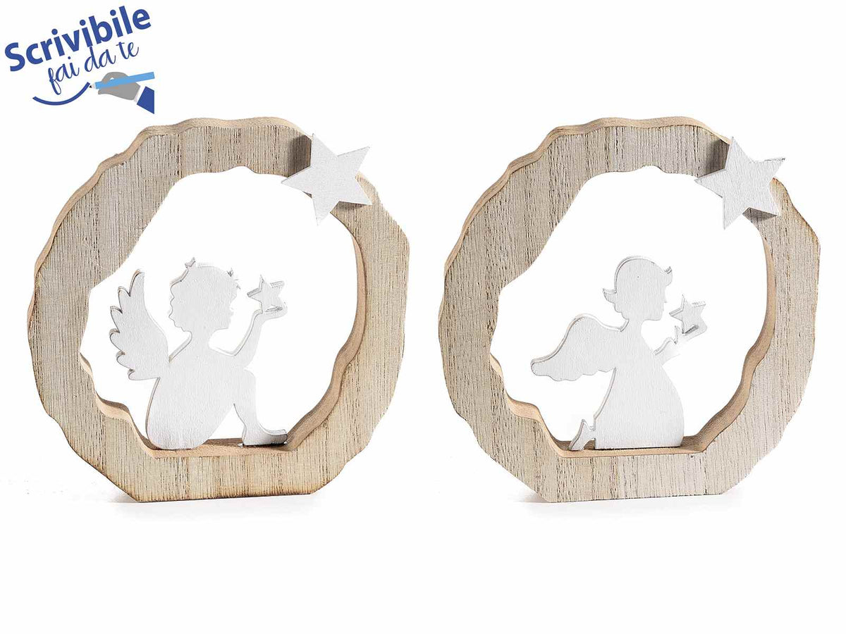 Decorazioni natalizie in legno da appoggiare con angioletto e stella, set da 14 pezzi, cm 11,5 x 2 x 12 H
