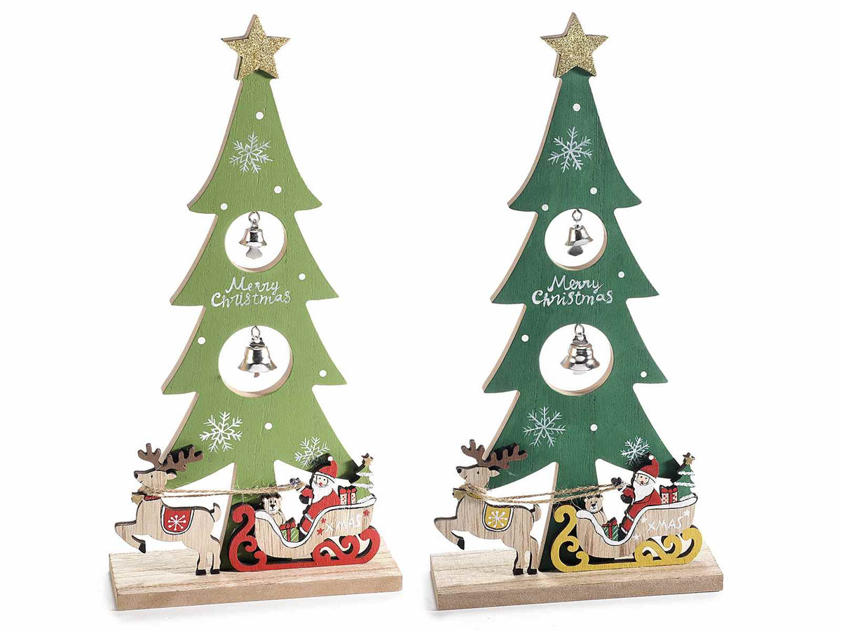 Alberelli in legno con slitta di Babbo Natale e campanelle, set da 8 pezzi, cm 15 x 5 x 30 H