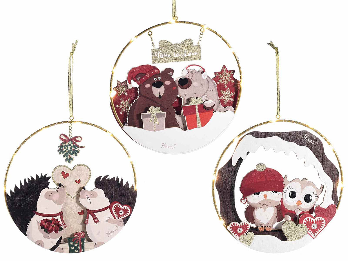 Decorazioni a tema natalizio in metallo da appendere con luci LED, set da 3 pezzi, Ø 19 cm