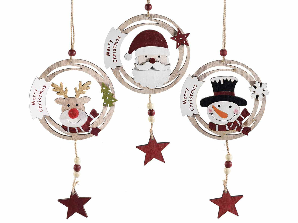 Decorazioni natalizie in legno con pendente a stella e cordino con sagome, set da 12 pezzi, Ø 11 cm