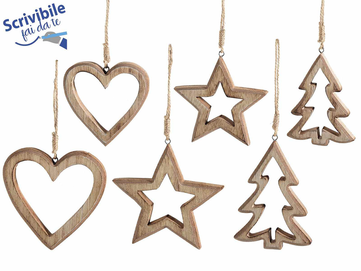 Decorazioni in legno da appendere ad albero, cuore e stella in set da due pezzi, set da 6 pezzi, Grande: cm 8,5 x 12 H