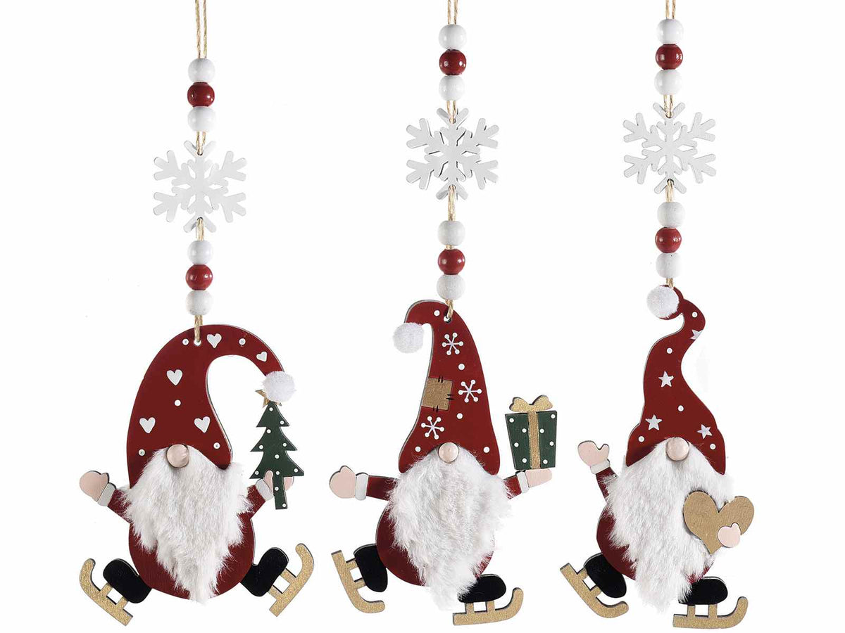 Decoro natale a gnometto natalizio in legno colorato con pattini e decoro, set da 18 pezzi, cm 8 x 14,5 H