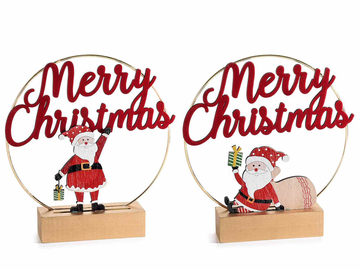Decorazioni in metallo su base legno con Babbo Natale e scritta Merry Christmas, set da 4 pezzi, cm 19,5 x 4 x 21 H