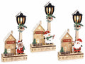 Decorazioni natalizie a casetta in legno con lampione, personaggio di Natale, set da 3 pezzi, cm 14 x 6 x 26,5 H