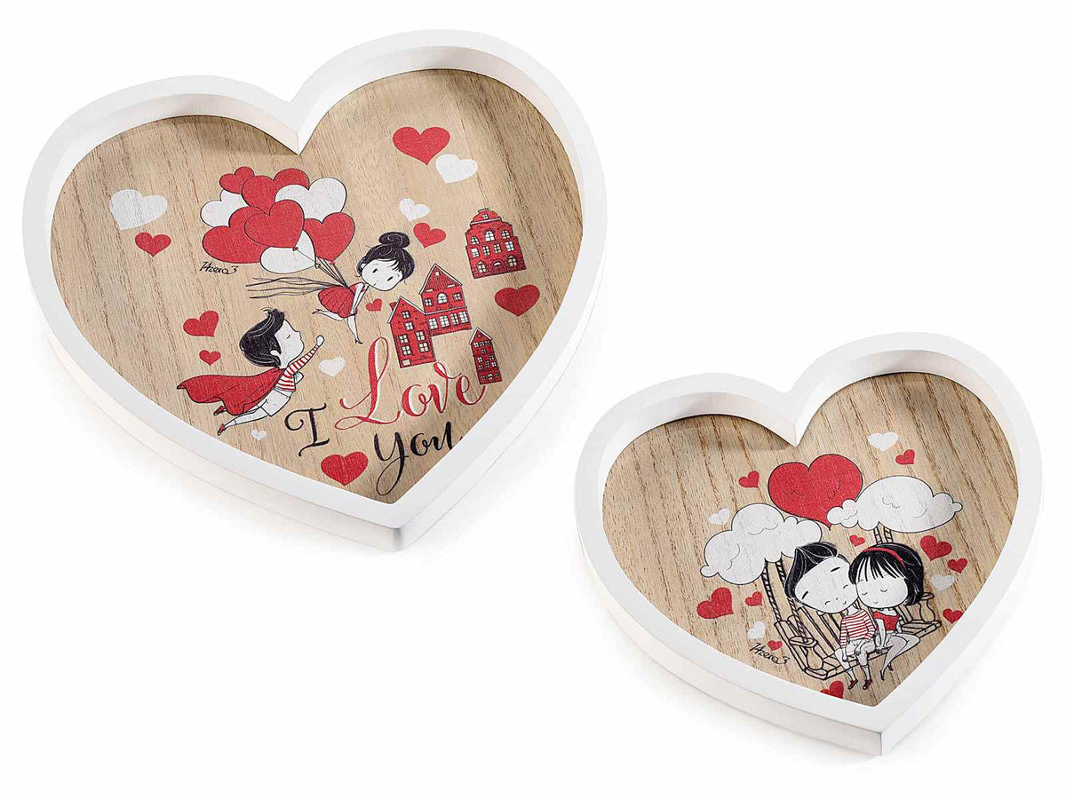 Vassoi a forma di cuore in legno con scritta I love you e innamorati, ideali, set da 2 pezzi, Grande: cm 24 x 23 x 2 H