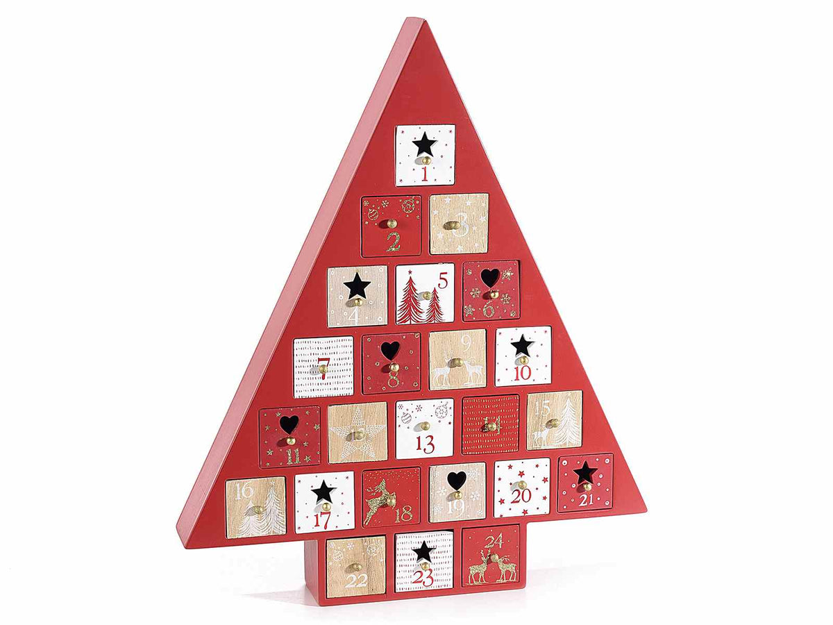 Calendario dell’Avvento in legno a forma di albero. Dotato di 24 cassettini, cm 31,5 x 5,5 x 38,5 H