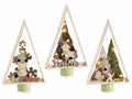Alberi di Natale decorativi in legno con renna, scritta Xmas e luci LED da appoggiare, set da 6 pezzi, cm 16 x 4,5 x 26 H