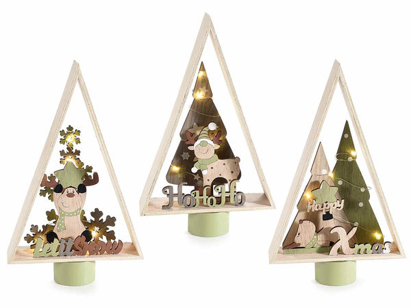 Set di 6 alberi di Natale decorativi in legno con renna, scritta Xmas e luci LED da appoggiare, cm 16 x 4,5 x 26 H